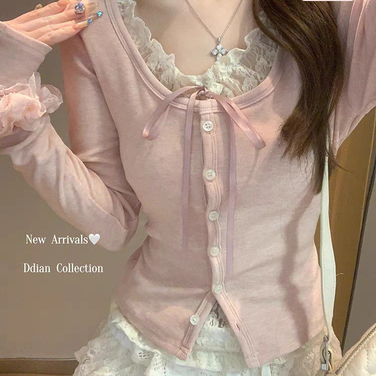Sweet Style Miu Lace Splicing Fake Two-Piece Blue Bottoming Shirt for Women in Early Spring with T-Shirt U-Neck Short Top