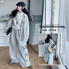 女童涂鸦衬衫三件装2025秋装新款小女孩宽松时髦格子阔腿裤打底衫
