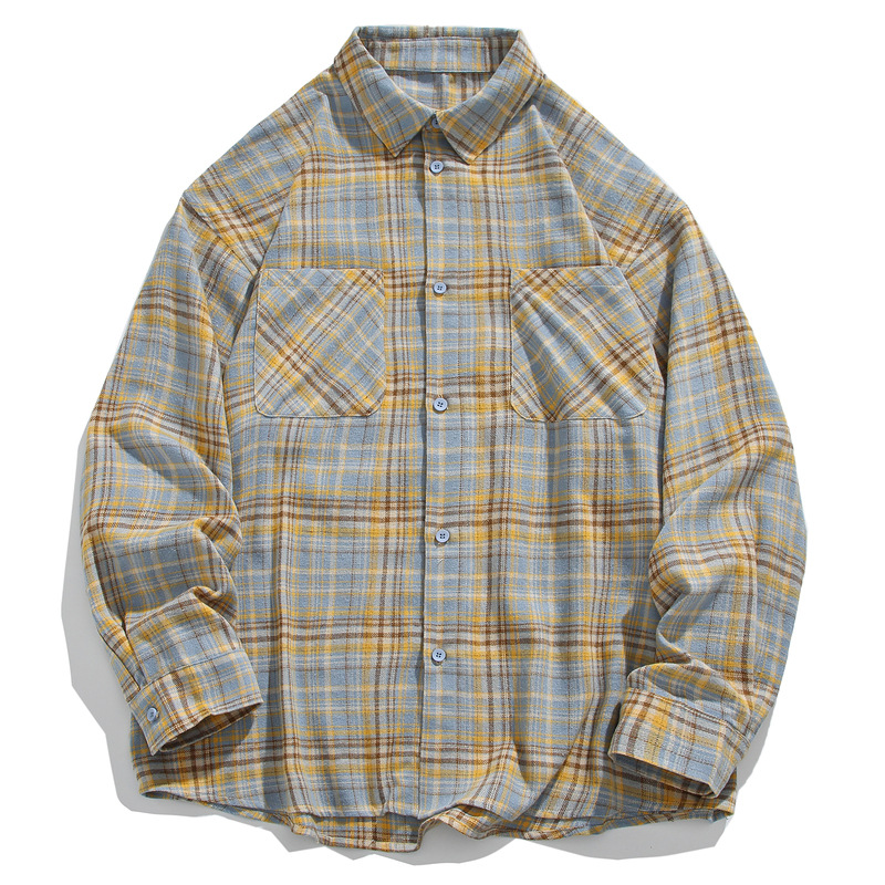 美式复古磨毛格子衬衫男风琴口袋古着vintage慵懒风长袖衬衣外套