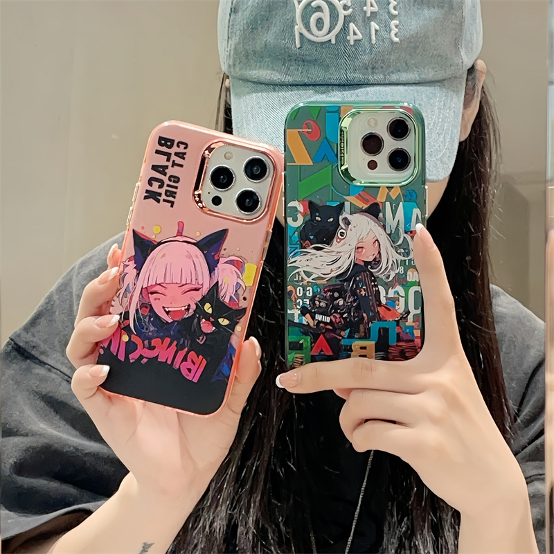 卡通17苹果16手机壳iPhone15彩银新14跨境13潮牌12黑猫女孩11电镀