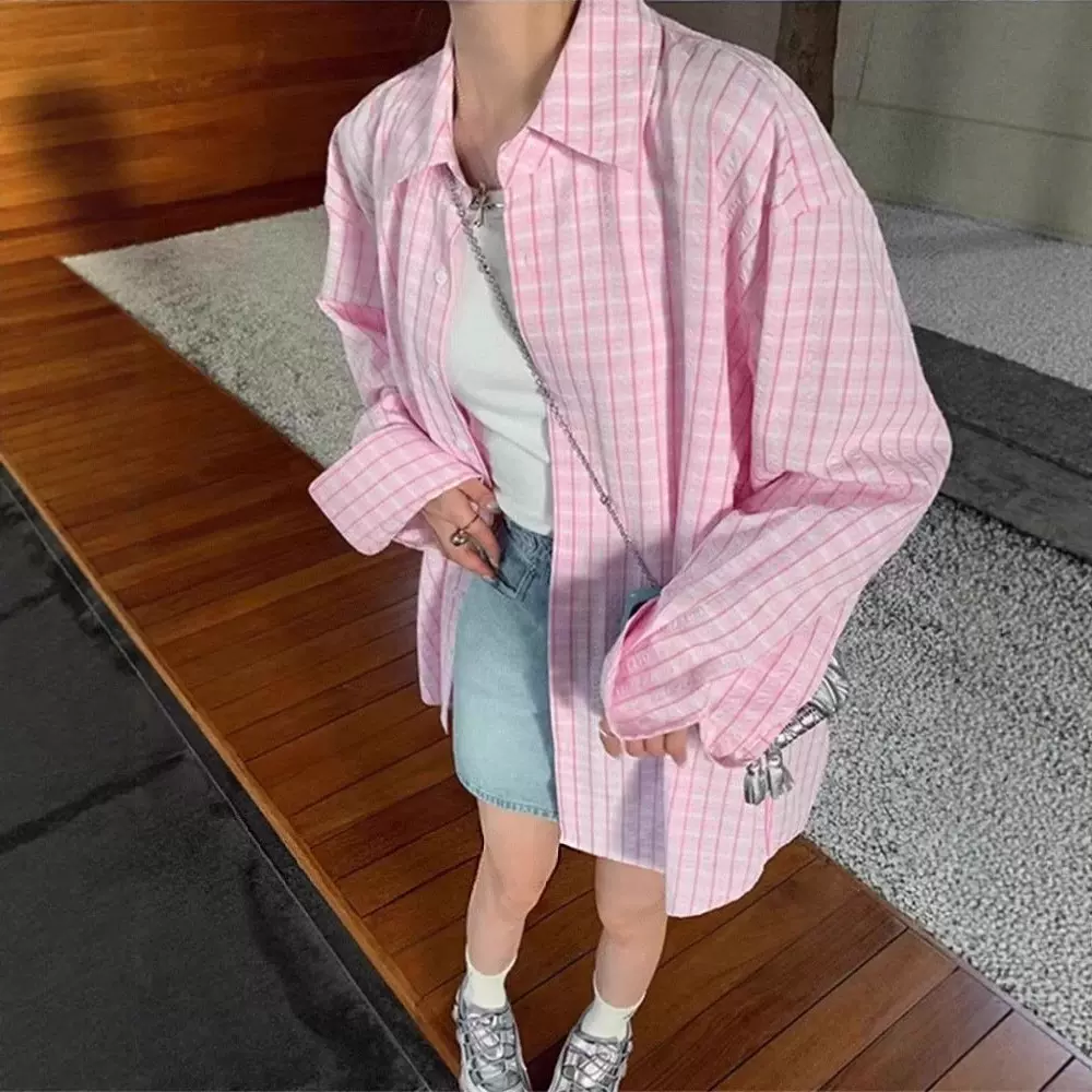 格子刺绣POLO领衬衫女春秋季复古慵懒风宽松法式长袖衬衣上衣外套