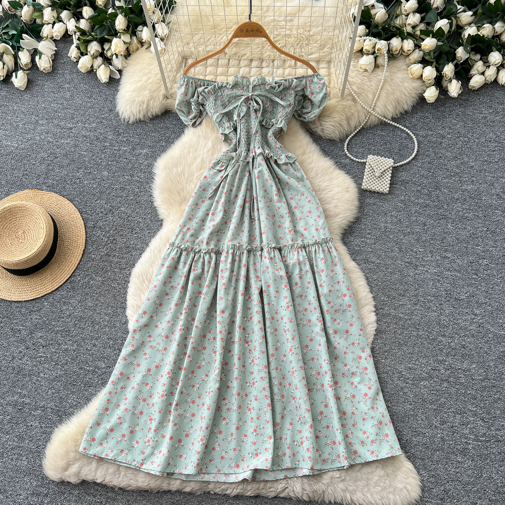 Women's French Sweet Style Square Neck Floral Dress Summer Korean Pleated Waist Tie A-Line Elegant Long Red Dress_ecoleips.com