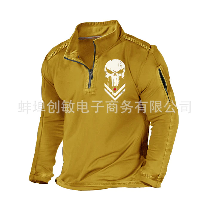 Primavera y otoño Comercio exterior más tamaño de los hombres al aire libre bolsillo con cremallera media cremallera cuello táctico de manga larga Camiseta suéter casual