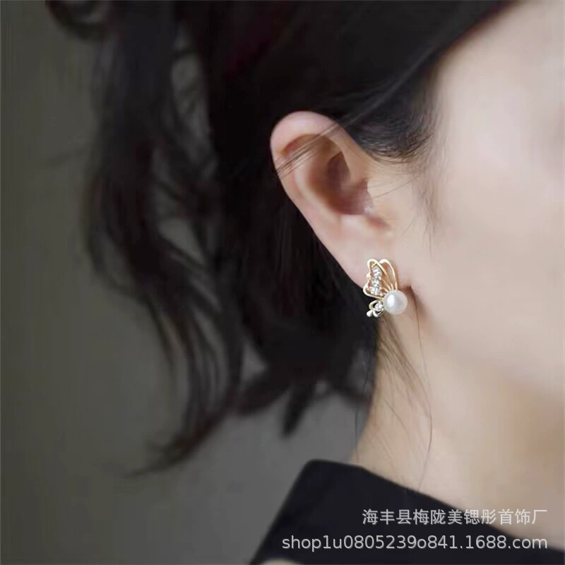 Earrings from pearl, zirconium, silver needle, Korean style, light luxury style, high-quality style, silver 925 sample, internet celebrity
