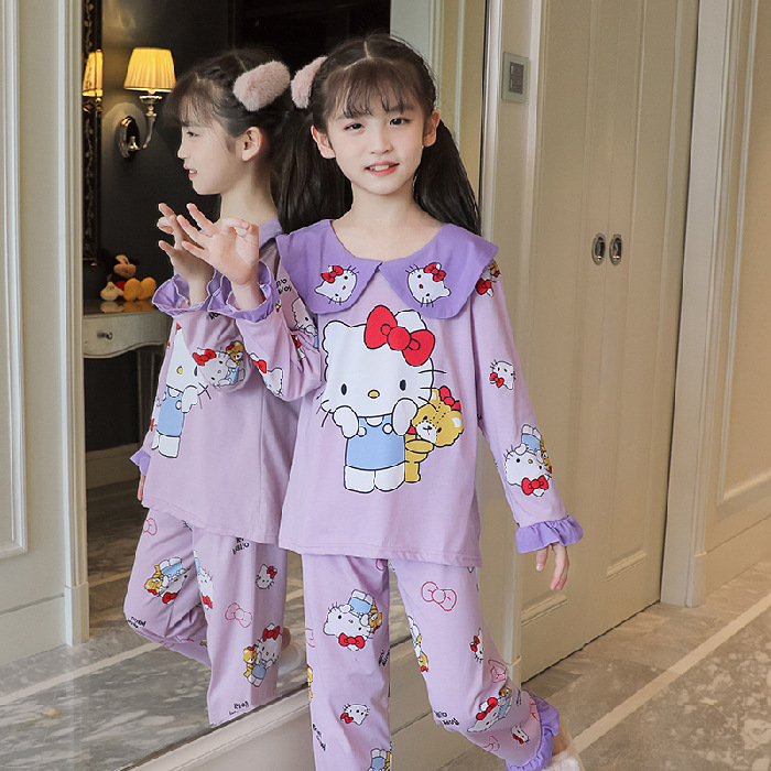 15 años de edad nueva primavera y otoño de los niños pijamas de manga larga de las mujeres lindo princesa muñeca collar de las mujeres mayores de algodón peinado desgaste del hogar de los niños