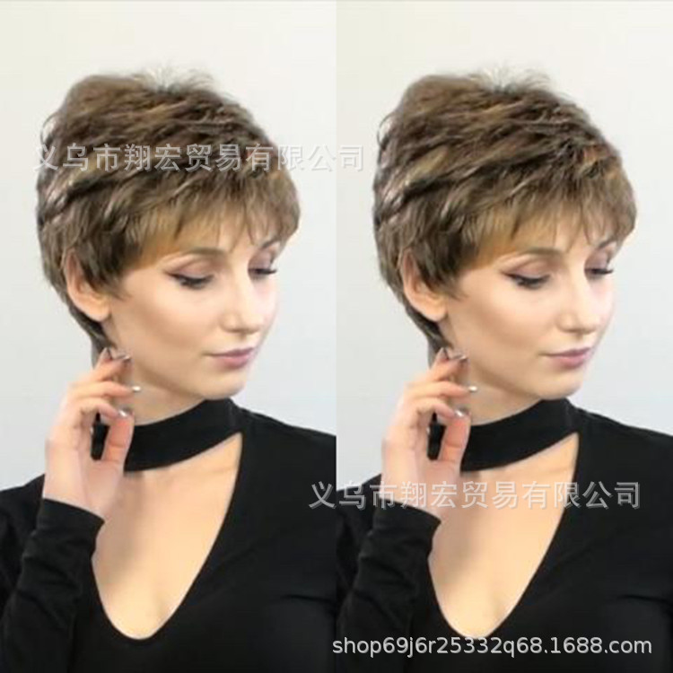Xianghong independent website new hot selling European and American wig oblique bangs Brown short curly hair factory direct customization