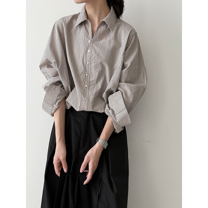 Lushi Retro Striped Shell Button Shirt Women's 25 Autumn New Style Lapel Easiest for Match Silhouette Shirt 8535