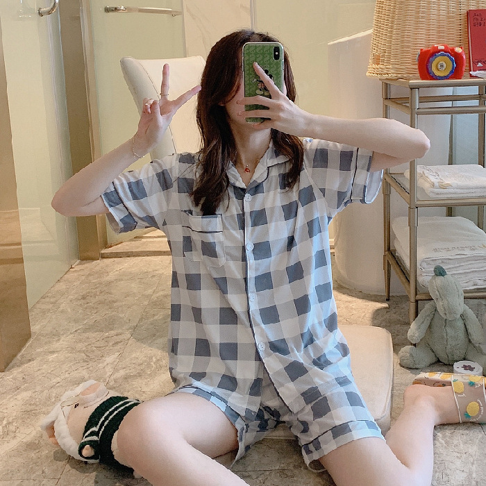 Pijamas de verano de las mujeres de manga corta linda chica Corazón de dibujos animados solapa desgaste del hogar WeChat transmisión en vivo en línea traje de entrega de una pieza