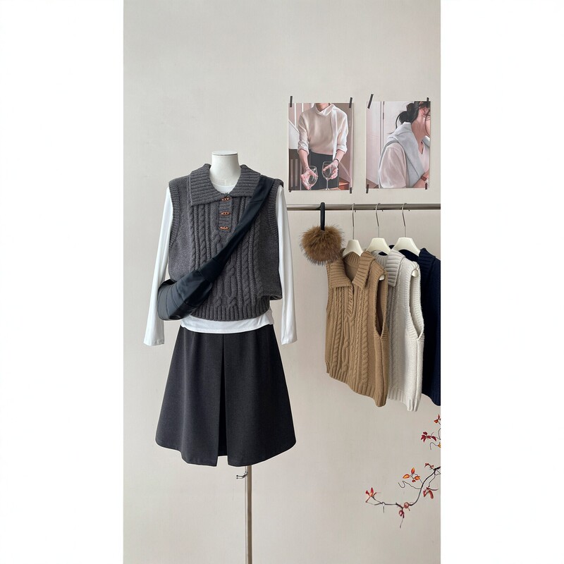 Korean and Japanese style collared cable-knit vest sweater, knitted vest for women, suitable for layering in autumn and winter, versatile base shirt Korean and Japanese style collared cable-knit vest sweater, knitted vest for women, suitable for layering in autumn and winter, versatile base shirt