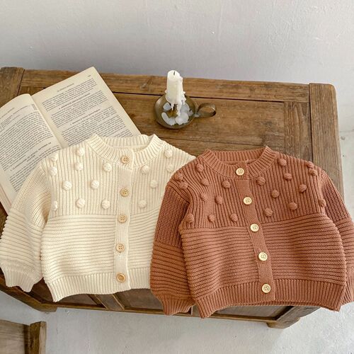  spring versatile men's and women's round neck handmade ball solid color knitted cotton long-sleeved cardigan jacket