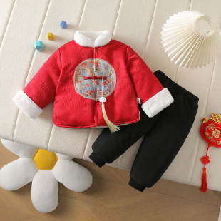 Autumn and Winter New Children's fleece-lined Chinese Style Festive Cotton-padded jacket One Year's Birthday New Year Clothes Dragon Figure Dark Flower suit
