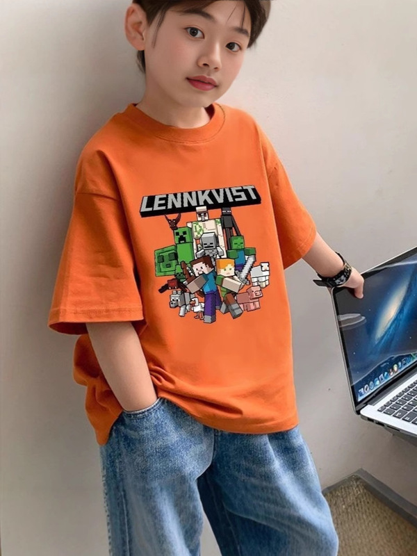 男の子の新しい純綿半袖Tシャツ夏子供用Minecraftコレクションプリントルーズ中型および大型子供用トップストレンディ|undefined