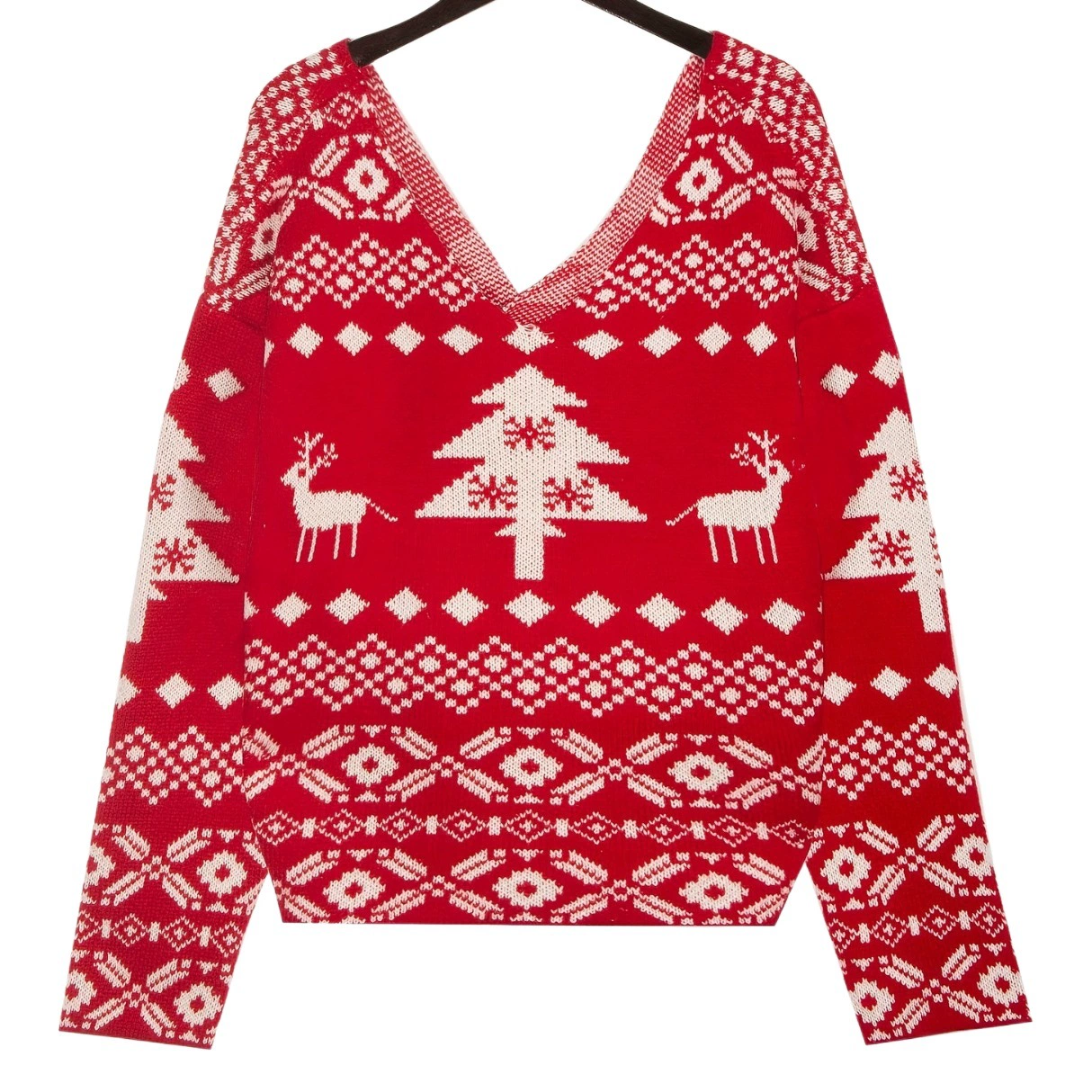 V-образным вырезом двухсторонняя блузка свитер с открытой спиной, рождественская снежинка узор с длинными рукавами