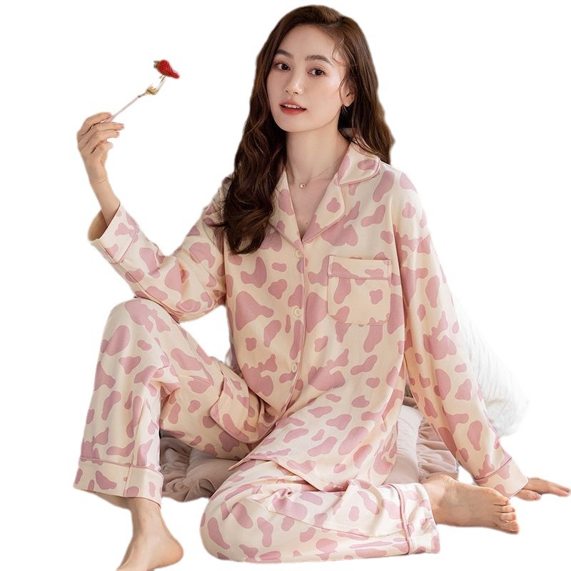 Pijamas de alta gama 100% algodón de las mujeres de primavera y otoño de manga larga cardigan de alta gama dulce ropa de abrigo homewear traje
