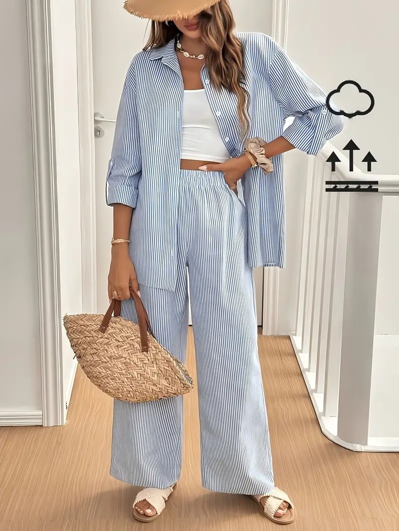 Women's Clothing Elegant Casual Striped Shirt And Straight Leg Trousers Two Piece Set_ecoleips.com