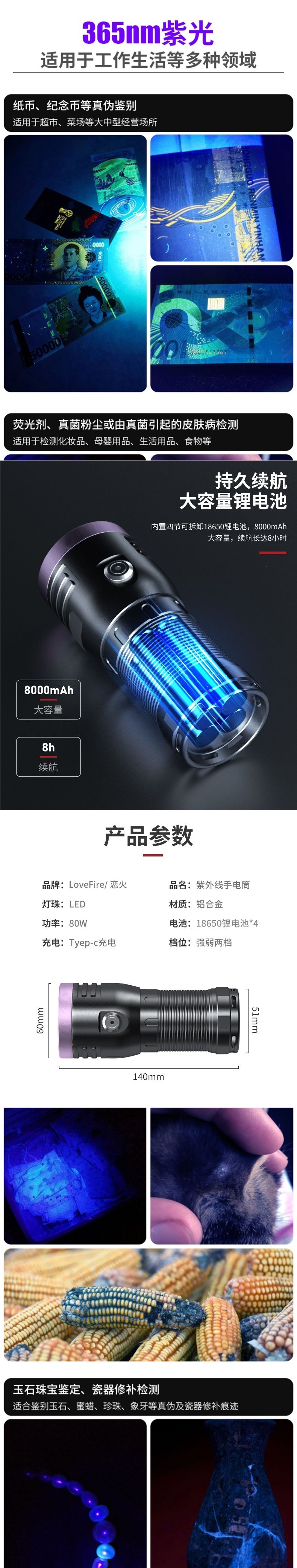 High-Power Purple Light Ultraviolet Flashlight for Fluorescent Detection, Leak Investigation, Mechanical Inspection, and Anti-Counterfeiting