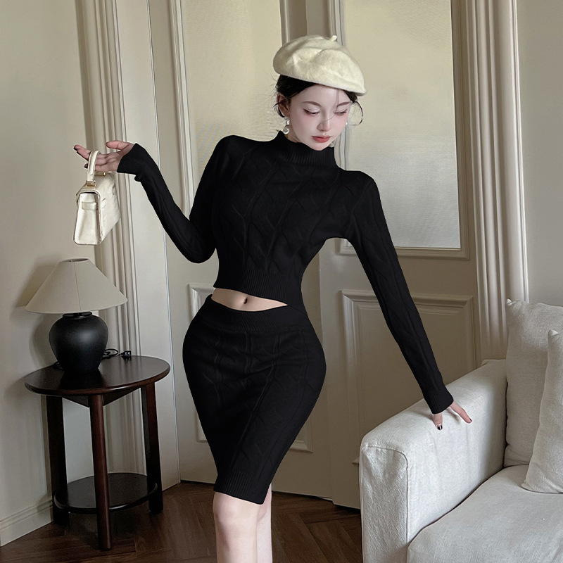 慵懒风麻花针织毛衣套装裙女2025秋冬新款修身高腰包臀短裙两件套|undefined