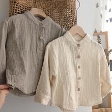 文艺森系感 春韩国儿童棉麻立领衬衫 长袖宽松肌理纹麻衫上衣耐用