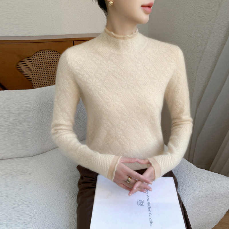 时尚秋冬新款山羊绒女半高领提花打底衫宽松显瘦毛衣内搭羊毛上衣|undefined
