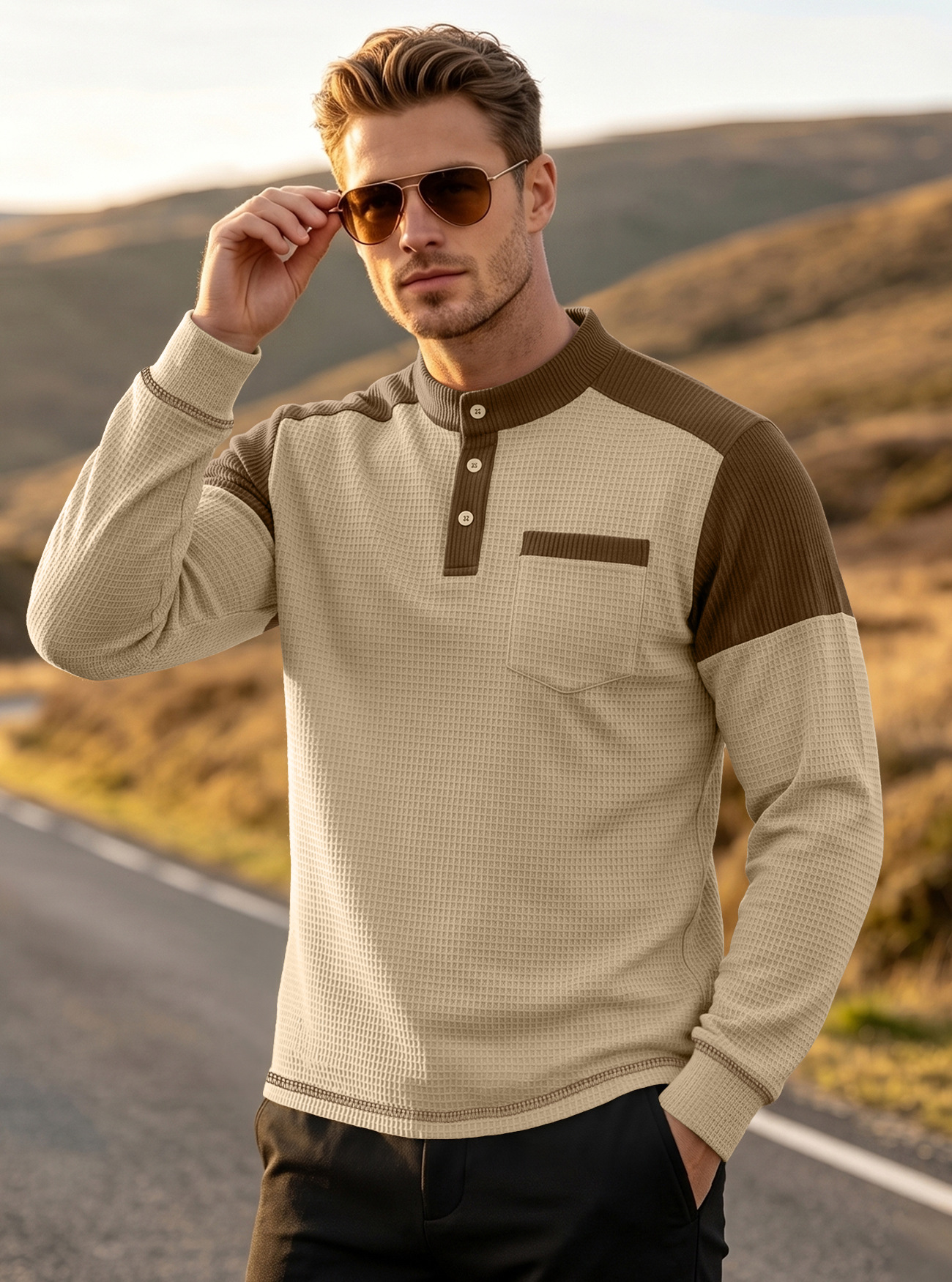 Hombre transfronterizo waffler camisa de manga de hombro de color pincelada Europa y Estados Unidos tk bolsa de cuello grande suéter deportivo de manga larga