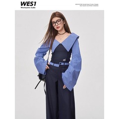 撞色拼接跨境一字肩条纹长袖衬衫女春季新款修身短款衬衣露肩上衣