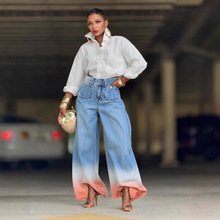 YLN2682跨境独立站亚马逊2026新款渐变色高腰前贴口袋设计牛仔裤