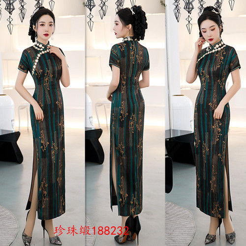 Pearl Satin long short sleeve Qipao women Chinese Dress banquet Qipao skirt