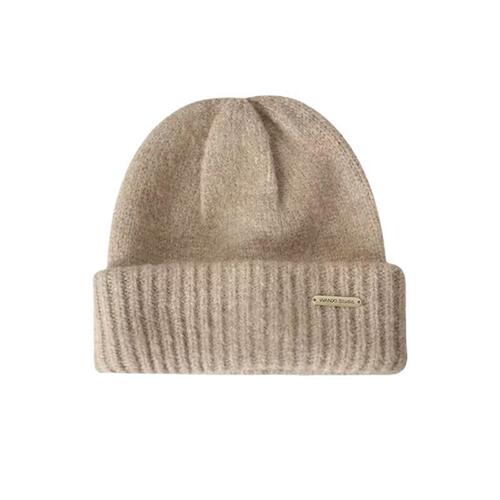 Woolen hat for women in autumn and winter, Korean version with metal label, mohair knitted cold hat for men, versatile loose, thickened and warm pile hat