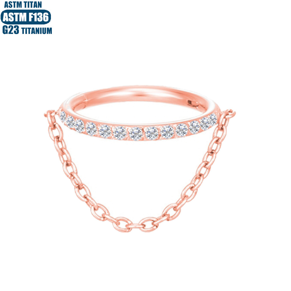 G23 Titanium Hinge Nose Ring with Zircon Chain Earrings - Seamless Open Ring Cartilage Septum Perforated Ear Ring Nose detail image 7