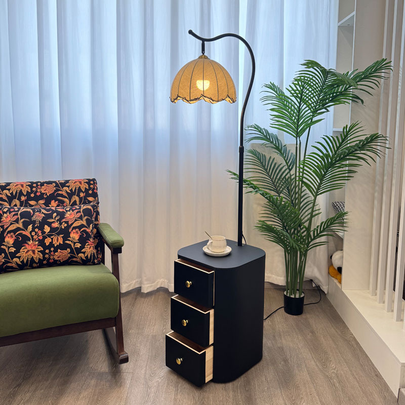 Vintage-Style Bedroom Floor Lamp with Ambiance Lighting, Living Room Sofa-Side Standing Lamp with Integrated Shelf, Bedside Lamp with Drawer