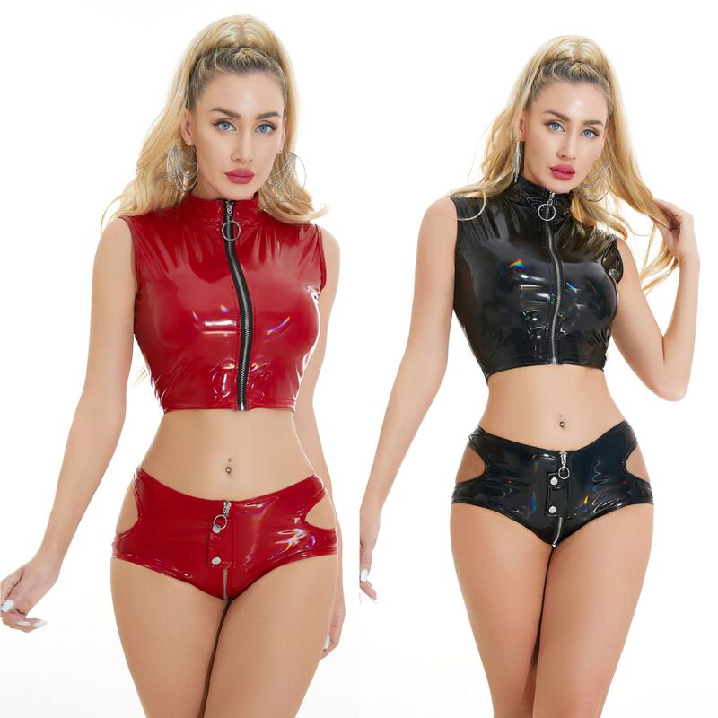 Zipper-Fastened High-Elastic Glossy Pu Lingerie, Shiny Iridescent Patent Leather Nightclub Bodysuit Zipper-Fastened High-Elastic Glossy Pu Lingerie, Shiny Iridescent Patent Leather Nightclub Bodysuit