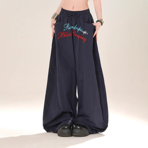 2025 new style American letters embroidered casual machete pants, paratrooper pants, women's design, loose straight, wide-leg pants, trendy