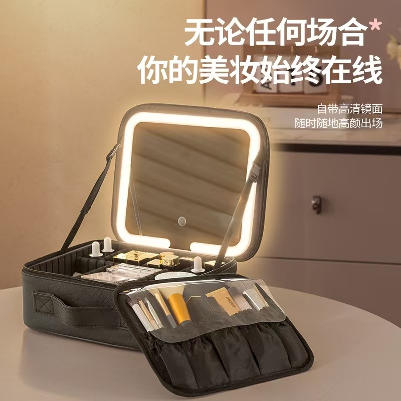 Advanced Led Travel Makeup Bag with Mirror for Women, Portable Large-Capacity Makeup Brush Case, Hand-Held Partitioned Makeup Bag