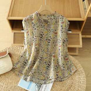 Real Shot of Summer New Style Ruffle Collar Sleeveless Printed Ramie Shirt Retro Literary Loose Versatile Floral Top for Women