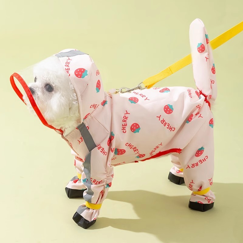 Estilo coreano fruta completa impresa perro impermeable de cuatro patas poncho todo incluido oso de peluche mediano y pequeño perro mascota ropa de día lluvioso