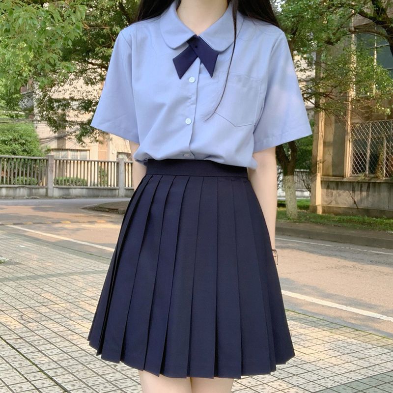 Basic Jk Uniform Solid Color Shirt Set Japanese School Style Black Pleated Skirt Women's Summer College Style Short Skirt Full Set