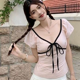 韩系春季新款甜美减龄蝴蝶结绑带收腰修身显瘦杏色V领短袖T恤上衣
