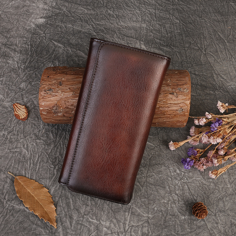 本革の財布の女性の新型のレトロな頭の層の牛革のカードの包みのシンプルな純色のボタンのハンドバッグの多機能の携帯電話の包み