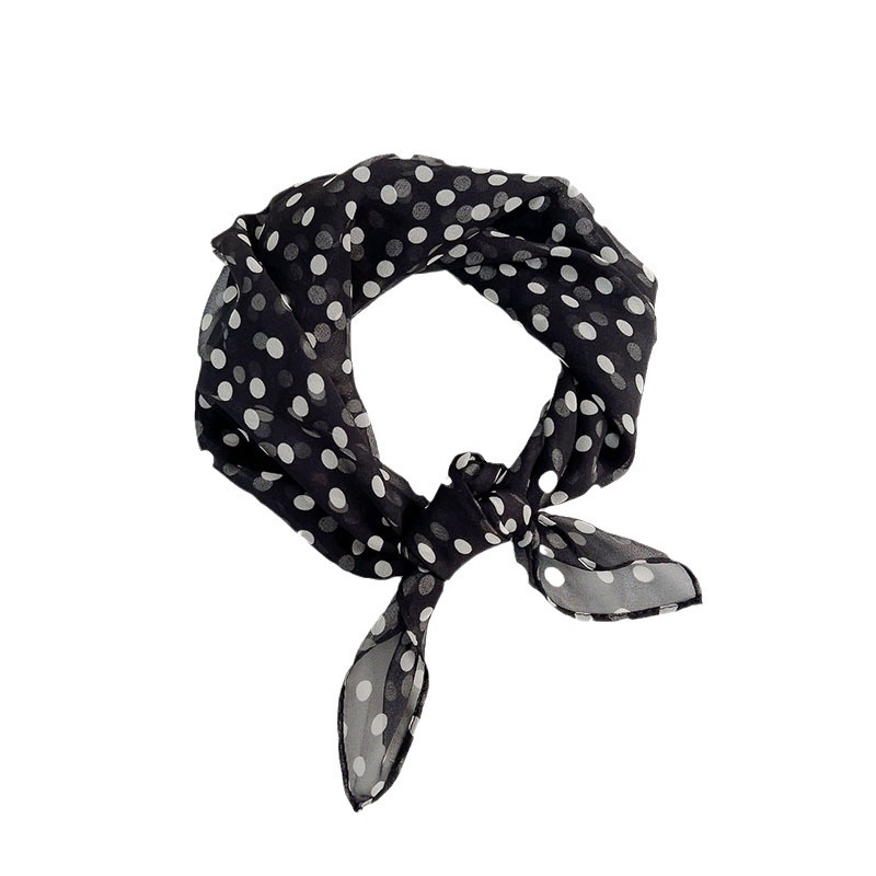French Hepburn Style Black And White Polka Dot Silk Georgette Scarf - Elegant Commuter Flowy Thin Neck Scarf For Women (Spring/Summer) - Thumbnail 5