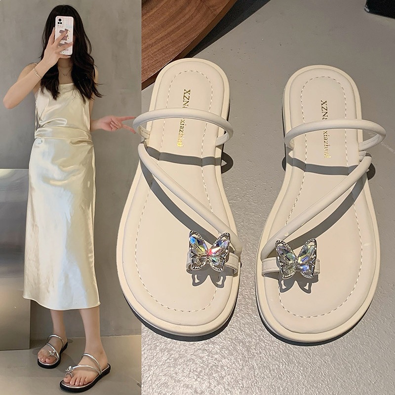 French-Style Flat Toe-Ring Sandals for Women, Summer 2025 New Model, Stunning Rhinestones, Perfect for Pairing with Dresses, Roman Beach Shoes