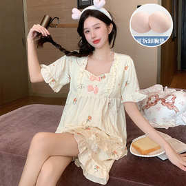 夏季韩版新款带胸垫睡衣女短袖梭织提花云朵棉公主风家居服套装