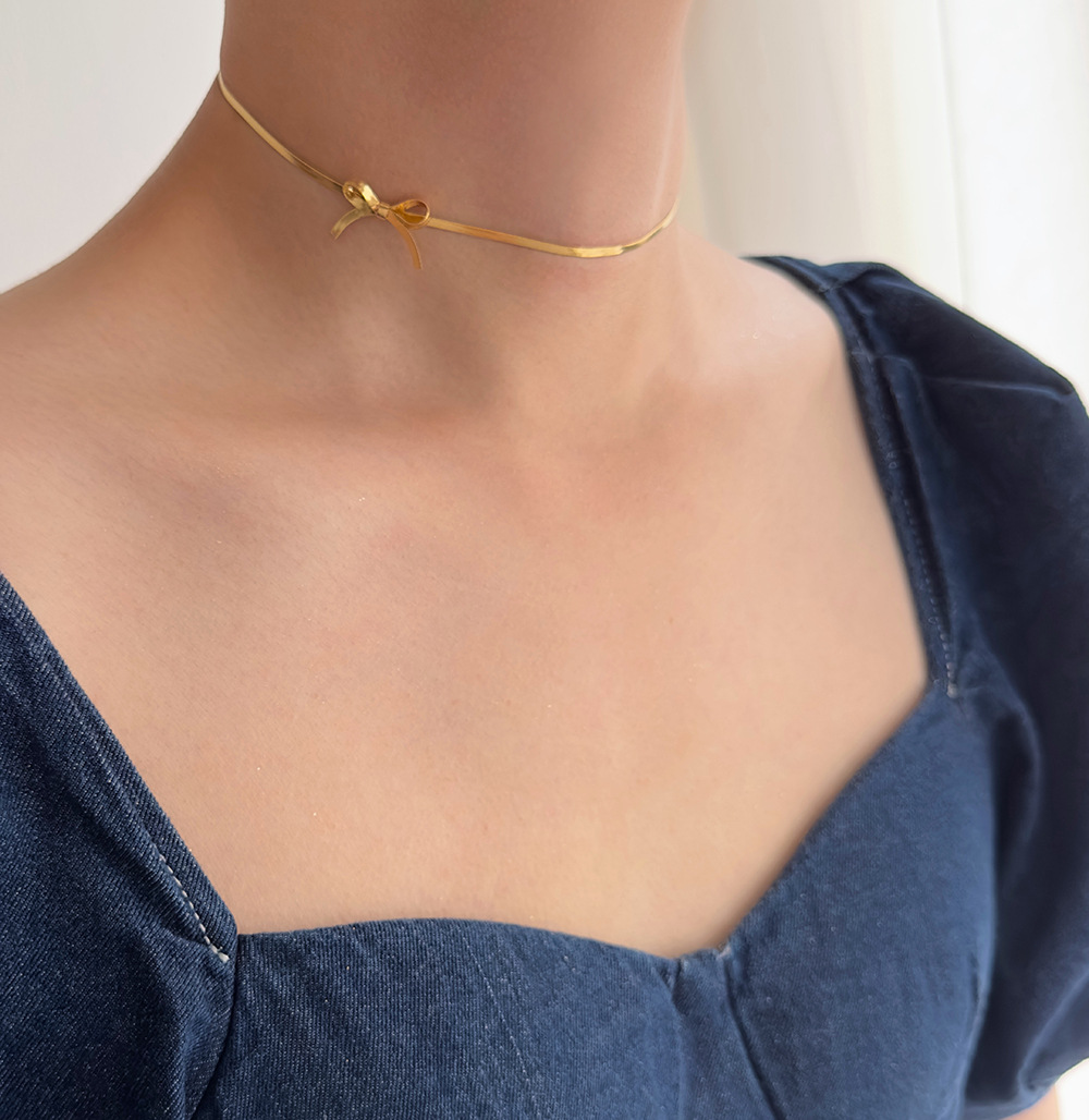 Daily Occasion 304 Stainless Steel Material Solid Color, Bow Knot Pattern Women's Gender PVD Coated Real Gold Plated 18K Gold Solid Color Bow Knot 304 Stainless Steel IG Style Simple Style Waterproof Non Tarnish 304 Stainless Steel Choker