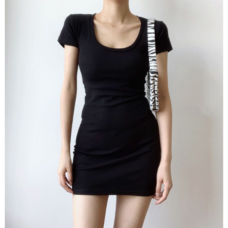 French Simple, Sweet and Spicy Sexy Big U-Neck Tight Hip-Hugging Dress for Women Summer Ins Style Black Short Skirt
