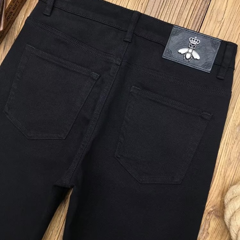 Little Bee High End Outono Preto Jeans Masculino Tendência Elástico Slim Fit Pequenos Pés Calças Compridas Grande Solto Perna Reta_voghion.com