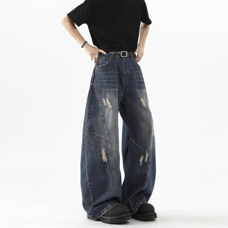American-Style Baggy Scimitar Jeans for Men, Summer Trendy Brand Design, Ripped Pants, High Street Washed Floor-Length Trousers