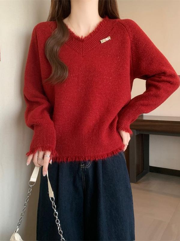 复系慵懒风韩系设计感毛衣女新款2025秋冬宽松外穿破洞针织衫|undefined