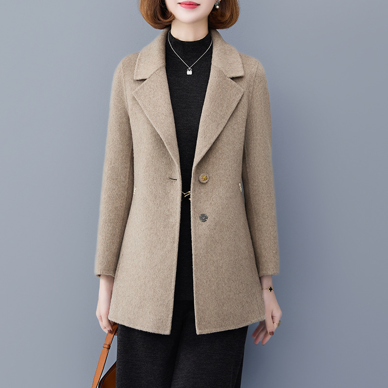 毛呢外套女中长款2024秋冬新款妈妈高端洋气双面羊呢子西装大衣