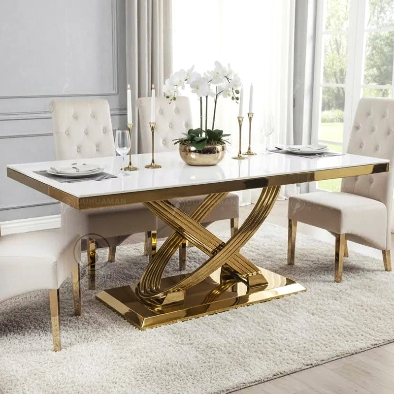 High-End Light Luxury Stainless Steel Titanium Marble Dining Table and Chair Combination Hotel Home Restaurant Rectangular Dining Table