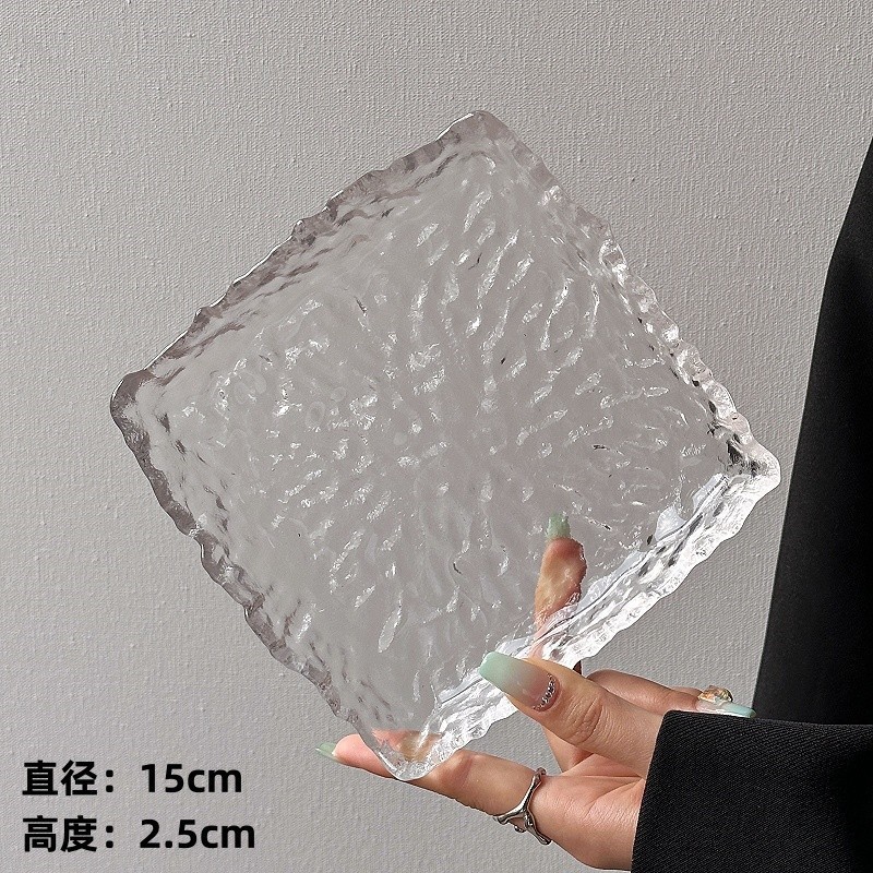 Plato de vidrio irregular glaciar japonés plato de refrigerio casero plato de frutas bandeja de postre circular cubiertos
