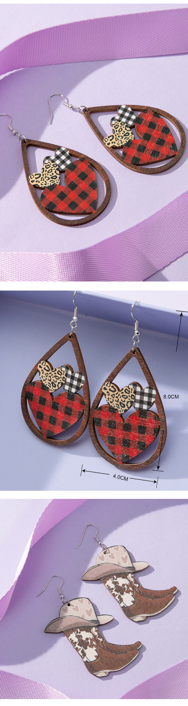 1 Pair Retro Letter Heart Shape Printing Wood Drop Earrings display picture 2